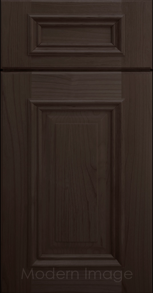 Cocoa stained Hamilton cabinet door with a double raised panel and mitered elevated molding.